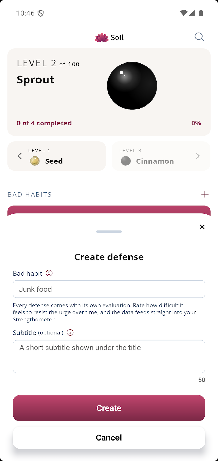 Creating a defense in the Soil app to start tracking a bad habit